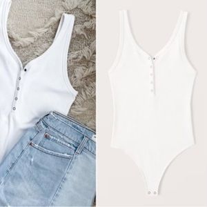 A&F Seamless Ribbed Fabric Henley Bodysuit in White